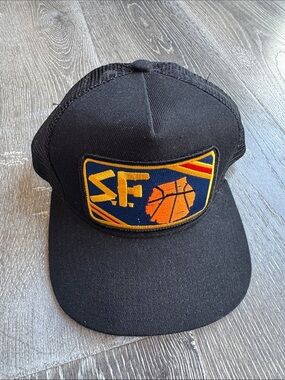 BART Bridge Black Trucker Hat with Orange & Navy SF Basketball Patch 0647